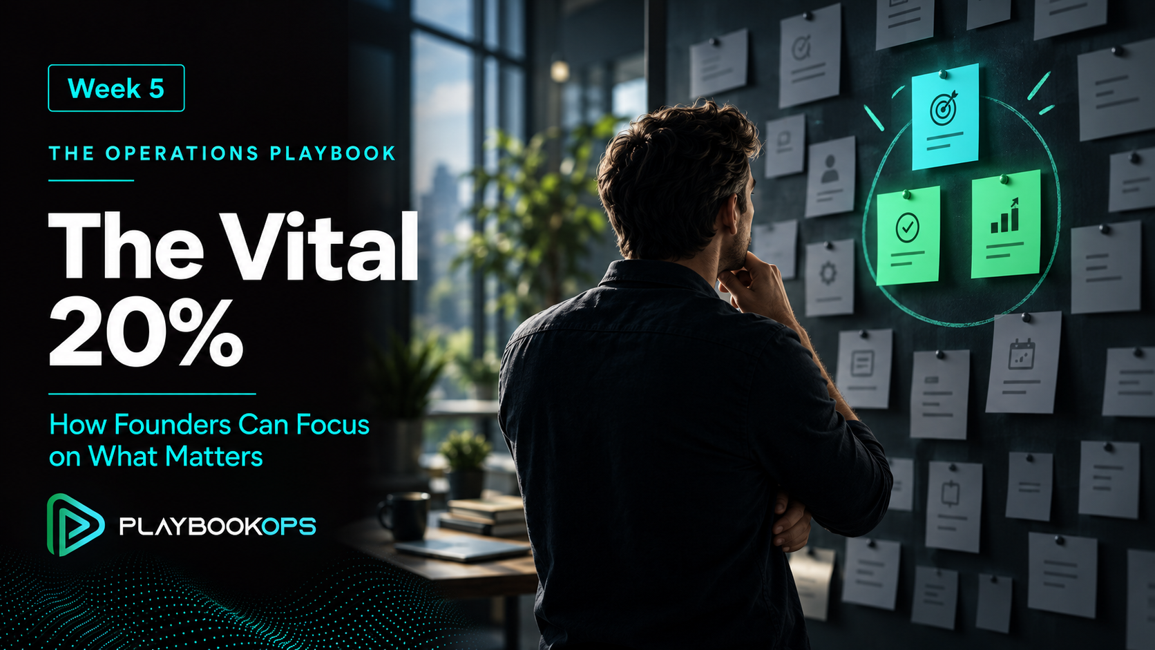 PlaybookOps Week 5 cover, “The Vital 20%,” showing a founder studying three highlighted priority cards among many muted tasks.