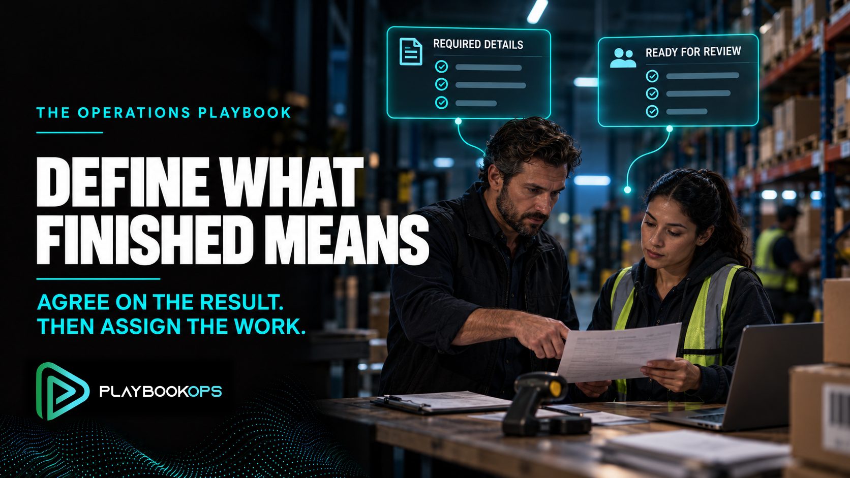 Two colleagues review an order handoff in a warehouse beneath “Required details” and “Ready for review” graphics. Headline: “Define what finished means,” with the PlaybookOps logo.