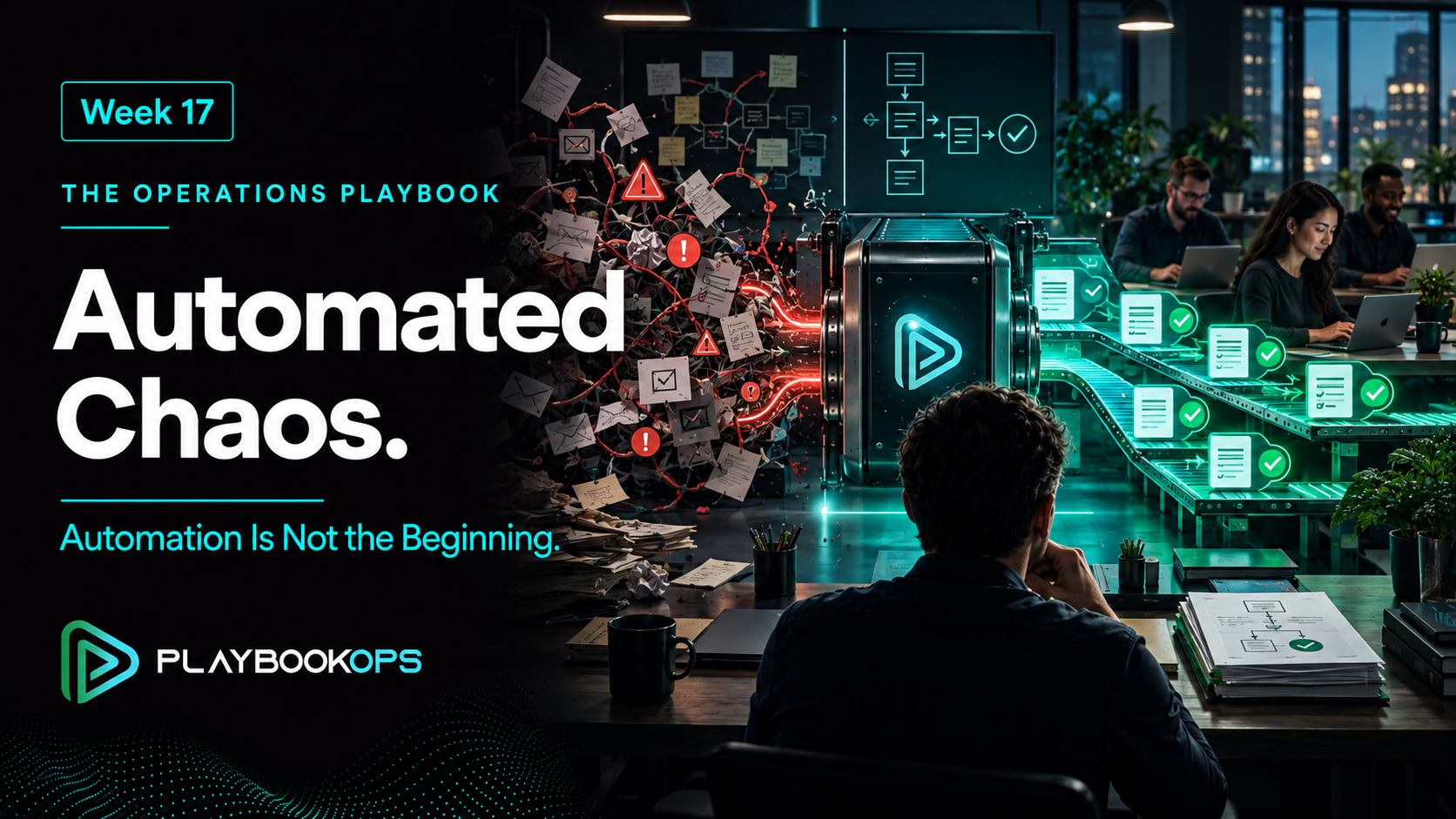 PlaybookOps Week 17 cover titled “Automated Chaos,” showing an automation engine multiplying a tangled process into errors while a standardized process produces consistent, verified workflows.