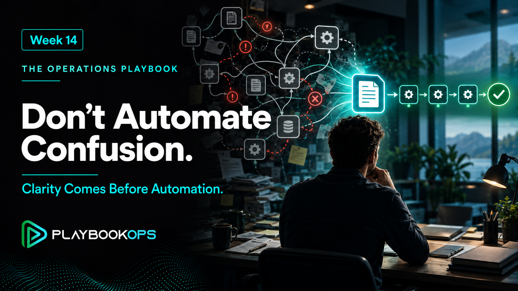 PlaybookOps Week 14 cover titled “Don’t Automate Confusion,” showing tangled, failing automation connections becoming a clear documented workflow with dependable execution.