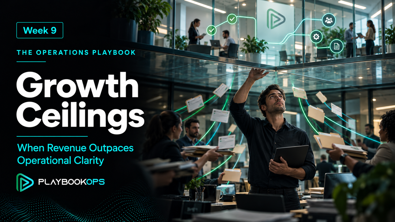 PlaybookOps Week 9 cover titled “Growth Ceilings,” showing a founder beneath a glass ceiling while approvals converge on him and organized workflows operate above.