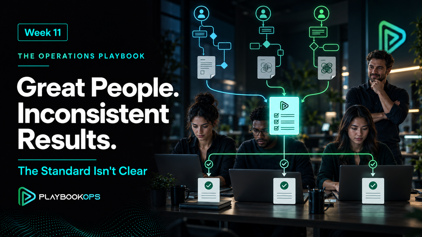 PlaybookOps Week 11 cover titled “Great People. Inconsistent Results.” showing three team members following one clear operating standard while the founder steps out of the execution loop.
