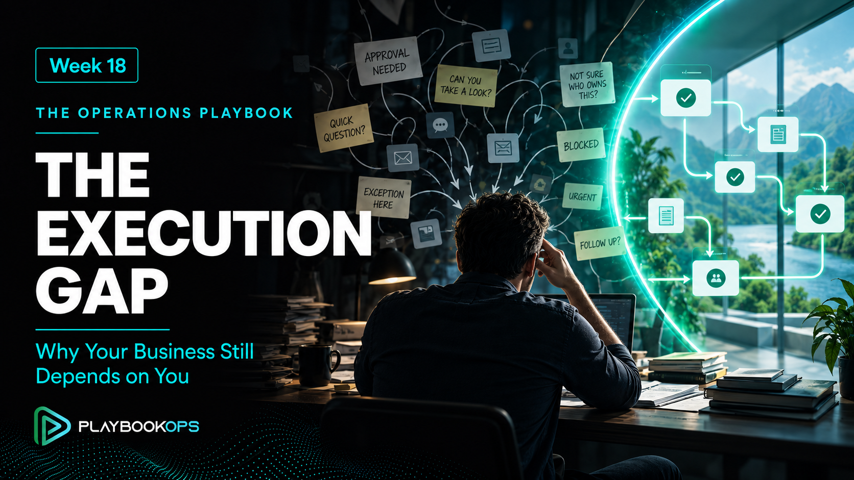 Week 18 PlaybookOps feature image showing an overwhelmed founder receiving questions and approval requests beside a clear, self-directed workflow, titled “The Execution Gap.”