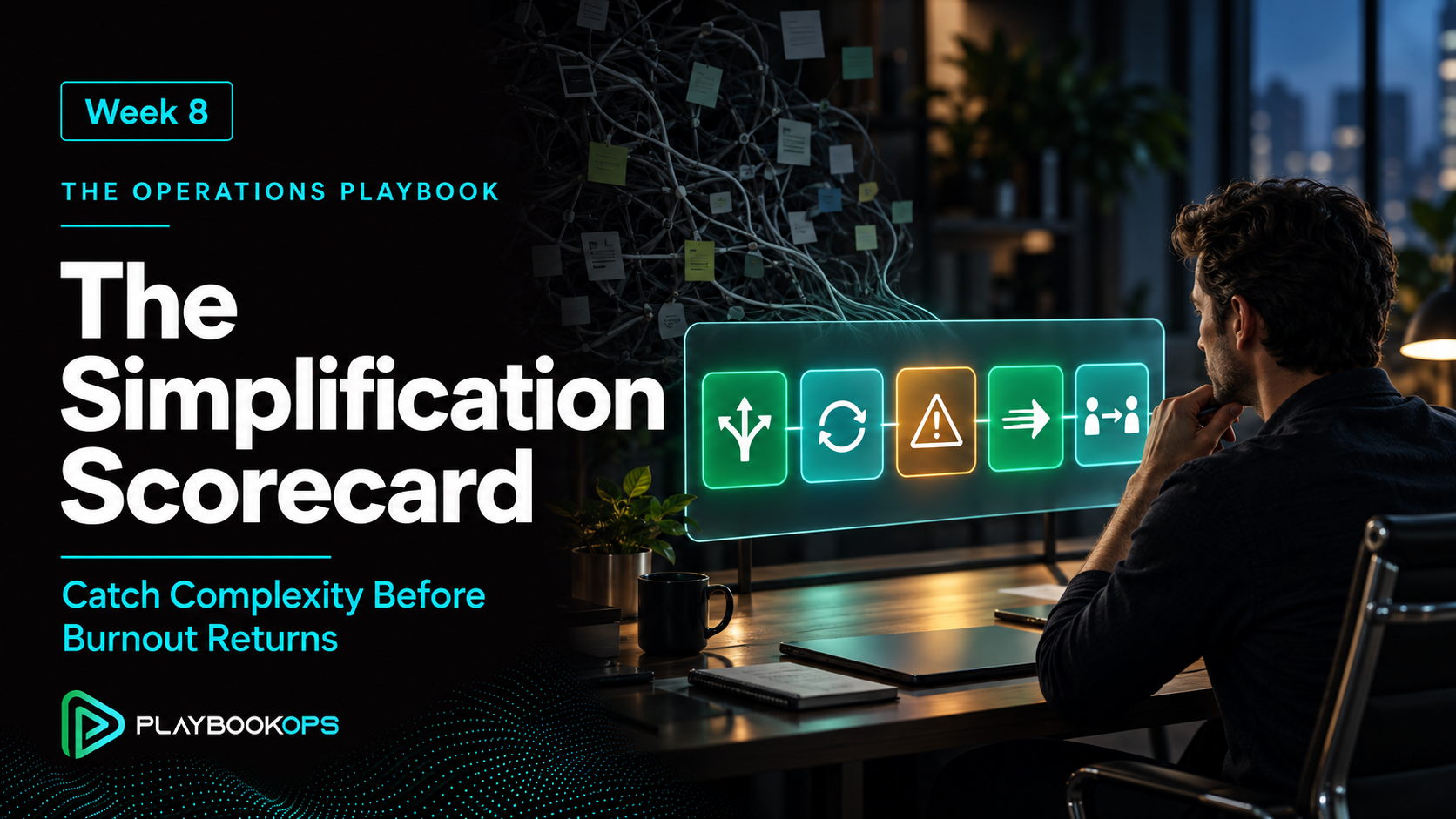 PlaybookOps Week 8 cover titled “The Simplification Scorecard,” showing a founder monitoring five operational signals as complexity begins forming behind them.