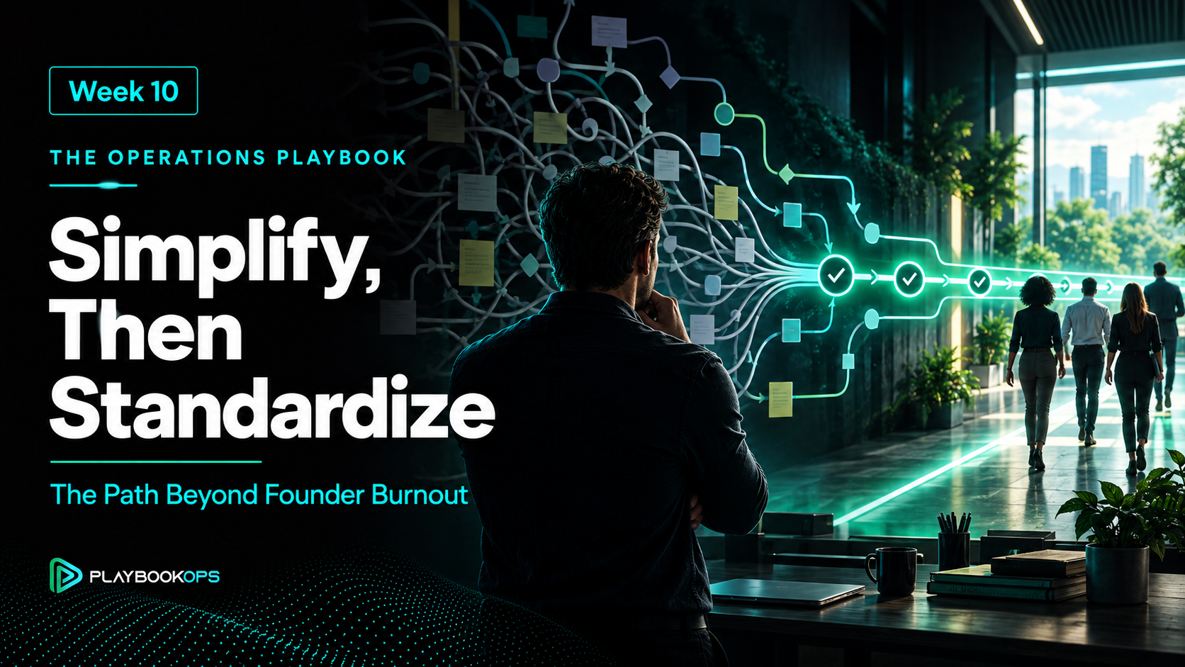 PlaybookOps Week 10 cover titled “Simplify, Then Standardize,” showing tangled workflows converging into one clear operating path a team can follow without the founder.