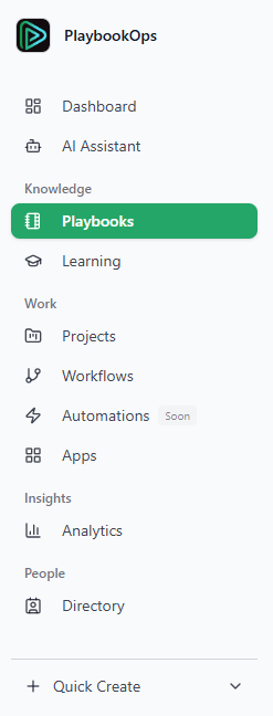 PlaybookOps navigation showing Dashboard, AI Assistant, Playbooks, Learning, Projects, Workflows, Automations, Apps, Analytics, and Directory